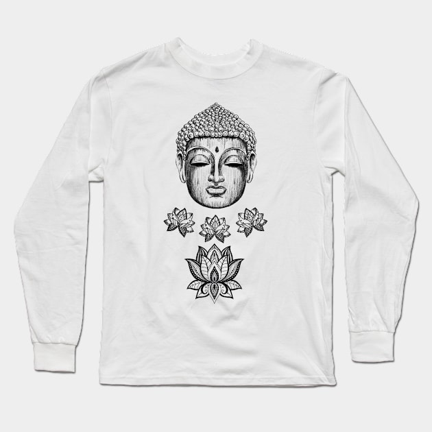 Buddha and lotus flowers Long Sleeve T-Shirt by Steve Brown Illustration 